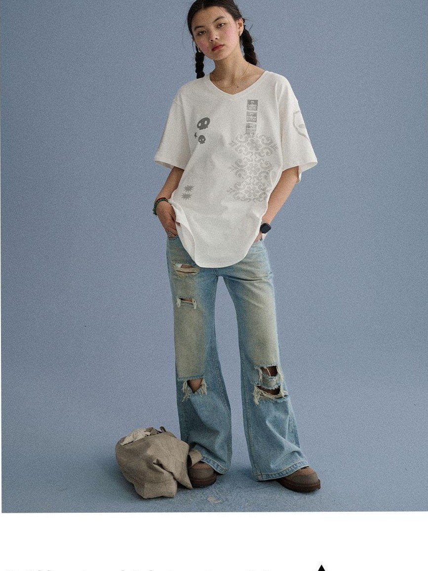 Achihara White Skull Print V-neck Loose Women'S Cotton Short Sleeve T-Shirts