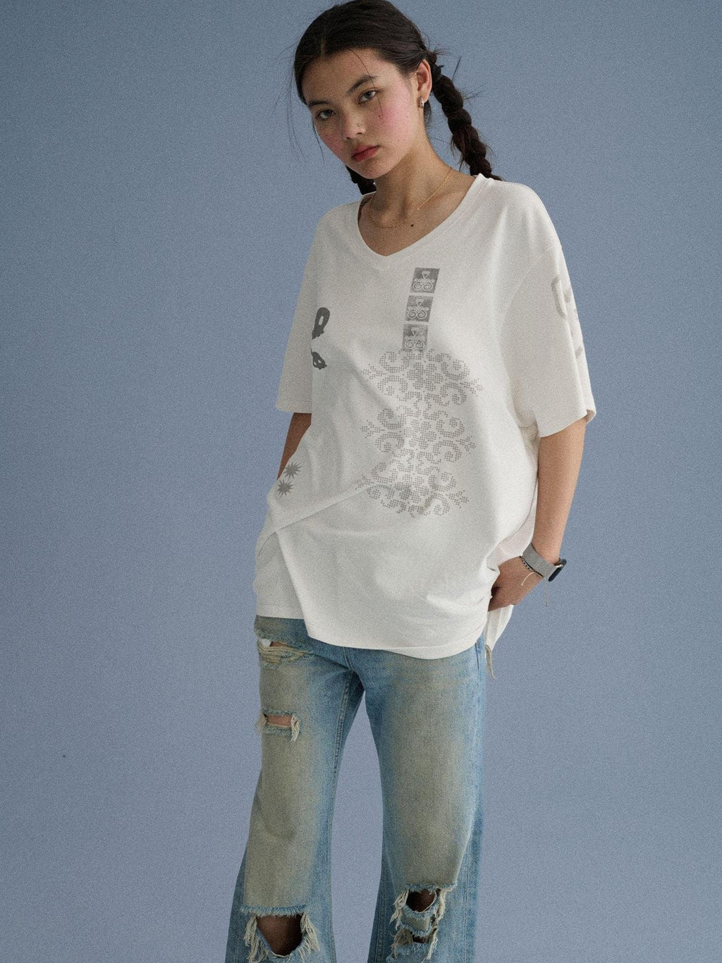 Achihara White Skull Print V-neck Loose Women'S Cotton Short Sleeve T-Shirts