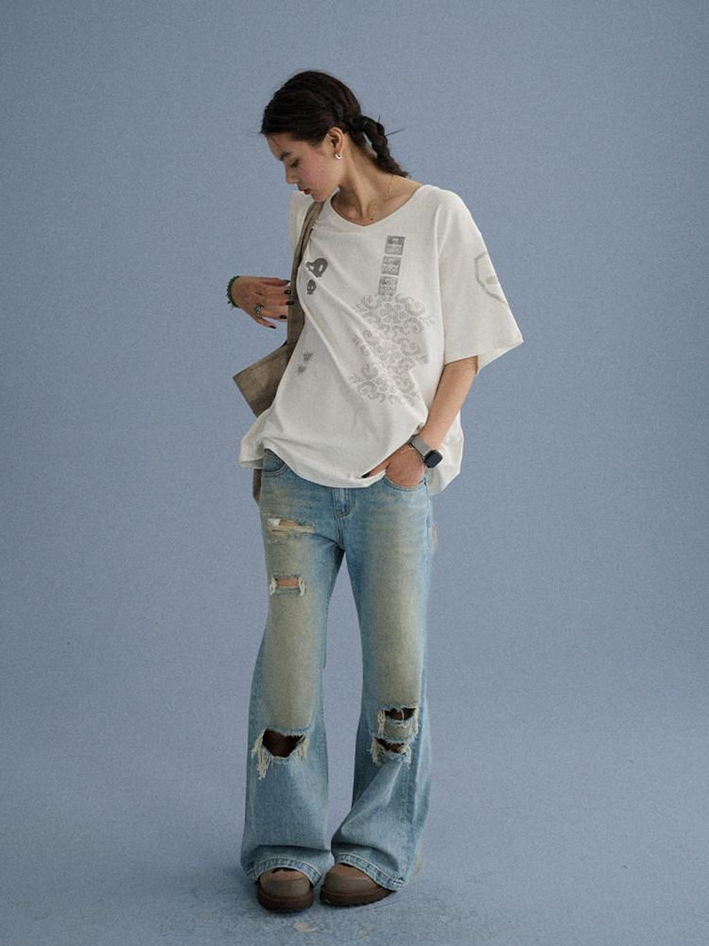 Achihara White Skull Print V-neck Loose Women'S Cotton Short Sleeve T-Shirts