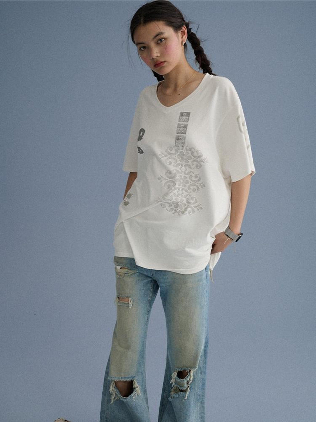 Achihara White Skull Print V-neck Loose Women'S Cotton Short Sleeve T-Shirts
