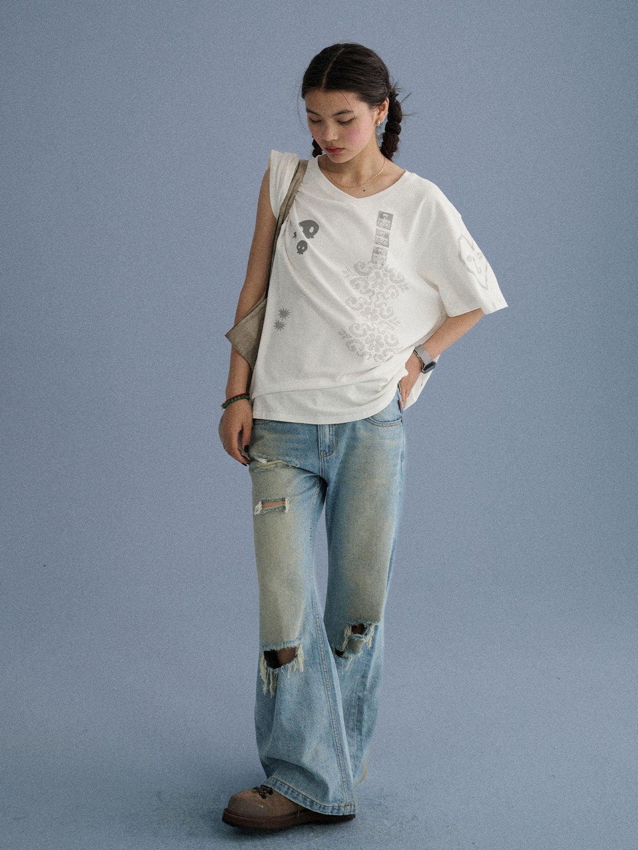Achihara White Skull Print V-neck Loose Women'S Cotton Short Sleeve T-Shirts