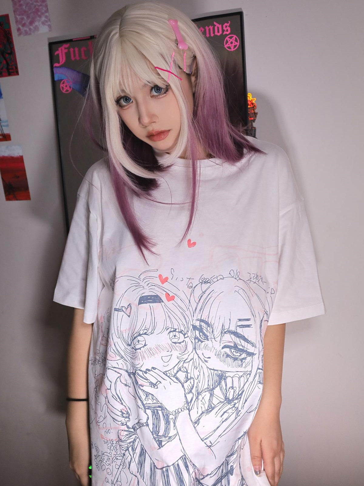 Alita26SS Anime Cartoon Print Loose Fit Cotton Women's Graphic T-shirts