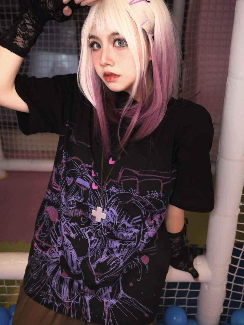 Alita26SS Anime Cartoon Print Loose Fit Cotton Women's Graphic T-shirts