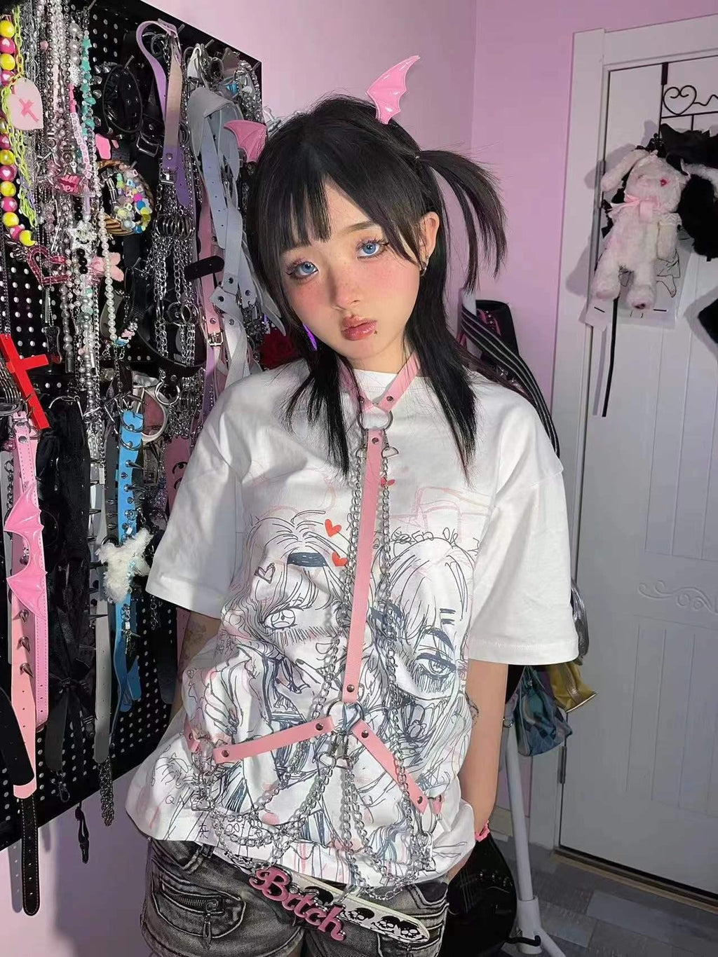 Alita26SS Anime Cartoon Print Loose Fit Cotton Women's Graphic T-shirts