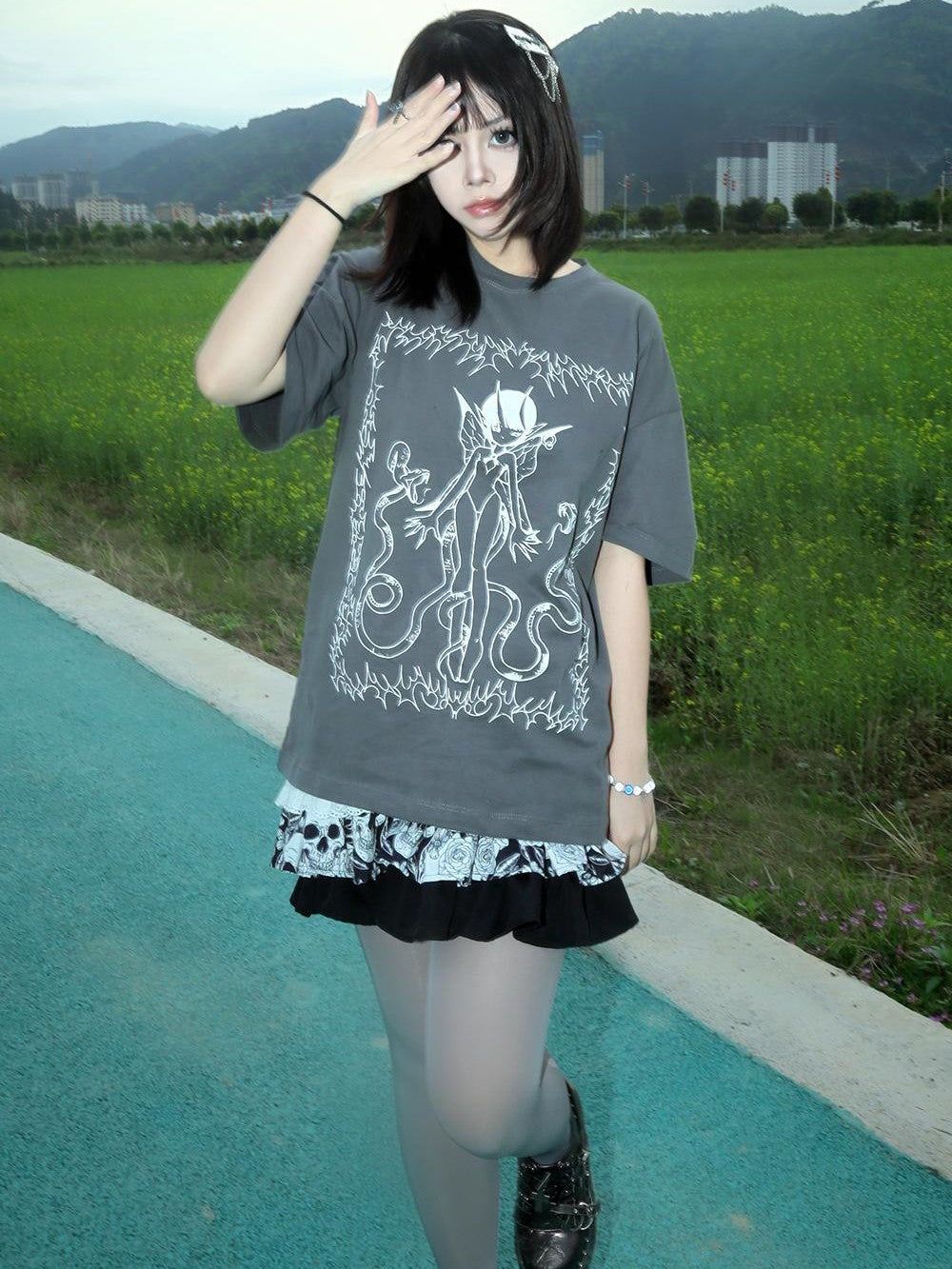 Alita26SS Cartoon Anime Print Loose Japanese Style Women's Cotton Short Sleeve T-shirts