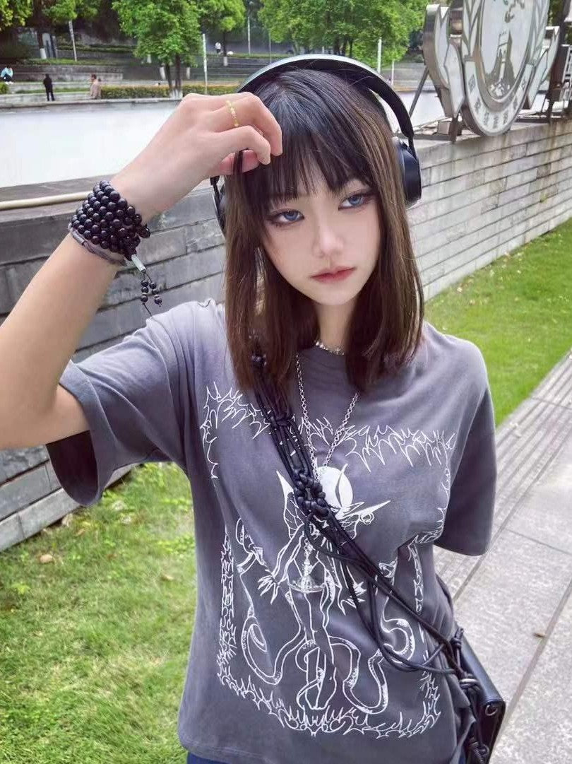 Alita26SS Cartoon Anime Print Loose Japanese Style Women's Cotton Short Sleeve T-shirts