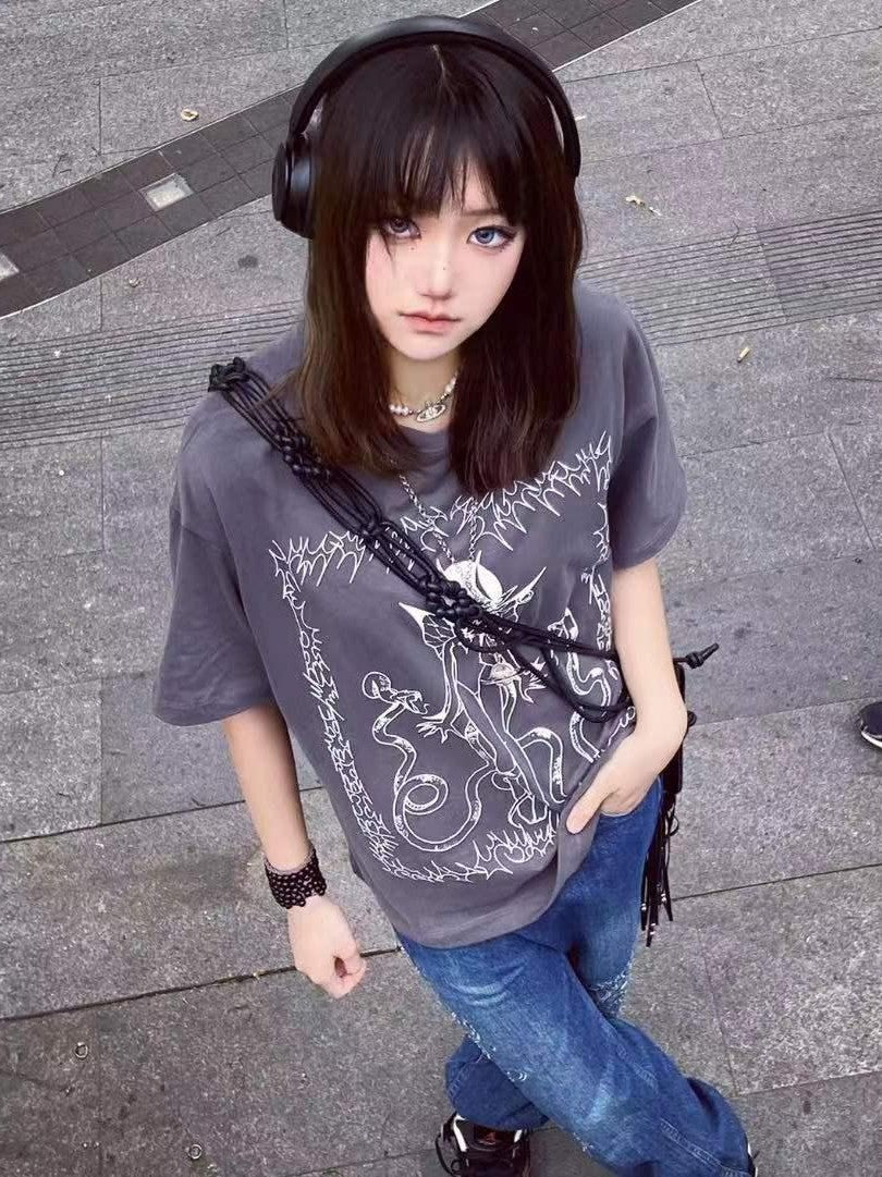Alita26SS Cartoon Anime Print Loose Japanese Style Women's Cotton Short Sleeve T-shirts
