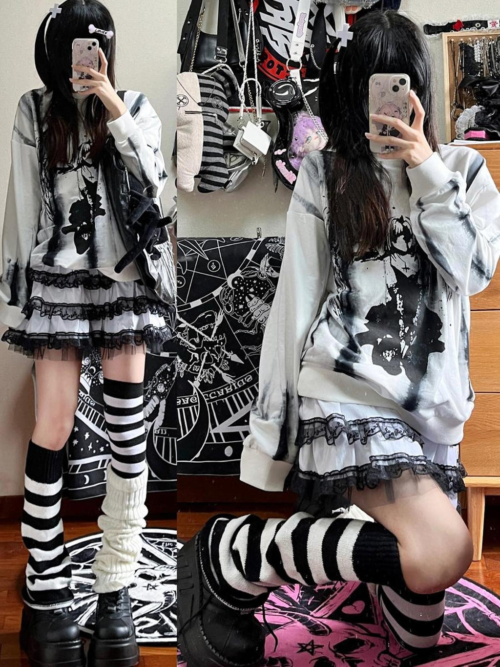 Alita26SS Cartoon Anime Print Loose Long Sleeve Women's Cotton Pullover Hoodies