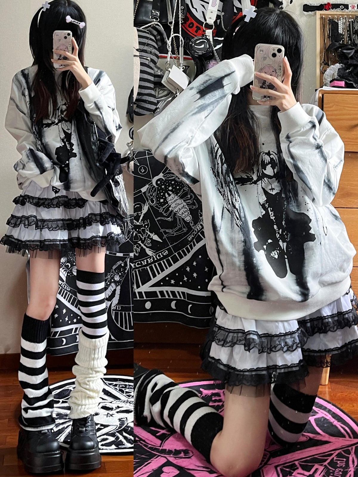 Alita26SS Cartoon Anime Print Loose Long Sleeve Women's Cotton Pullover Hoodies