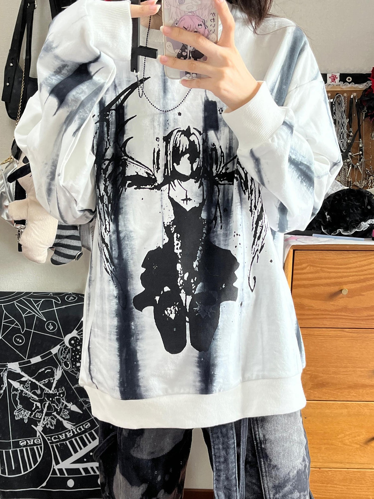 Alita26SS Cartoon Anime Print Loose Long Sleeve Women's Cotton Pullover Hoodies