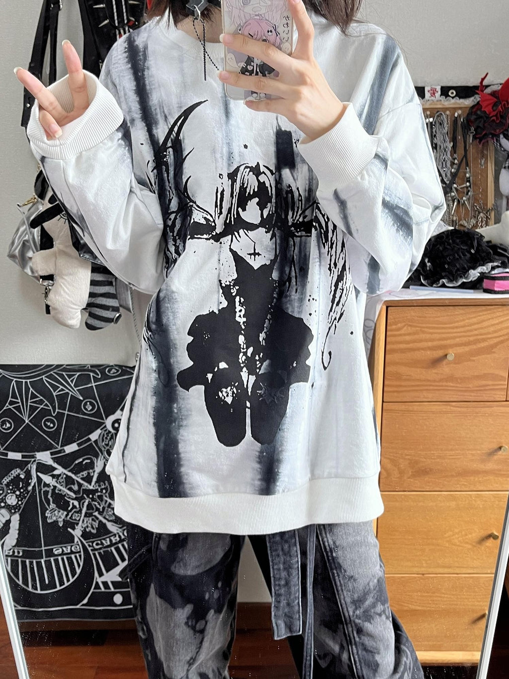 Alita26SS Cartoon Anime Print Loose Long Sleeve Women's Cotton Pullover Hoodies