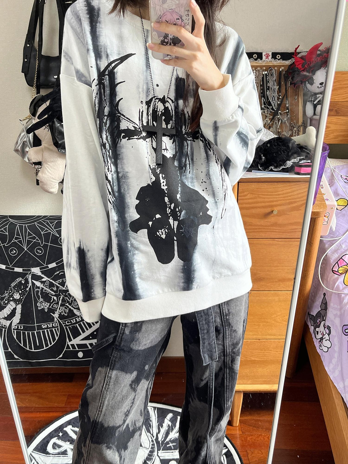 Alita26SS Cartoon Anime Print Loose Long Sleeve Women's Cotton Pullover Hoodies
