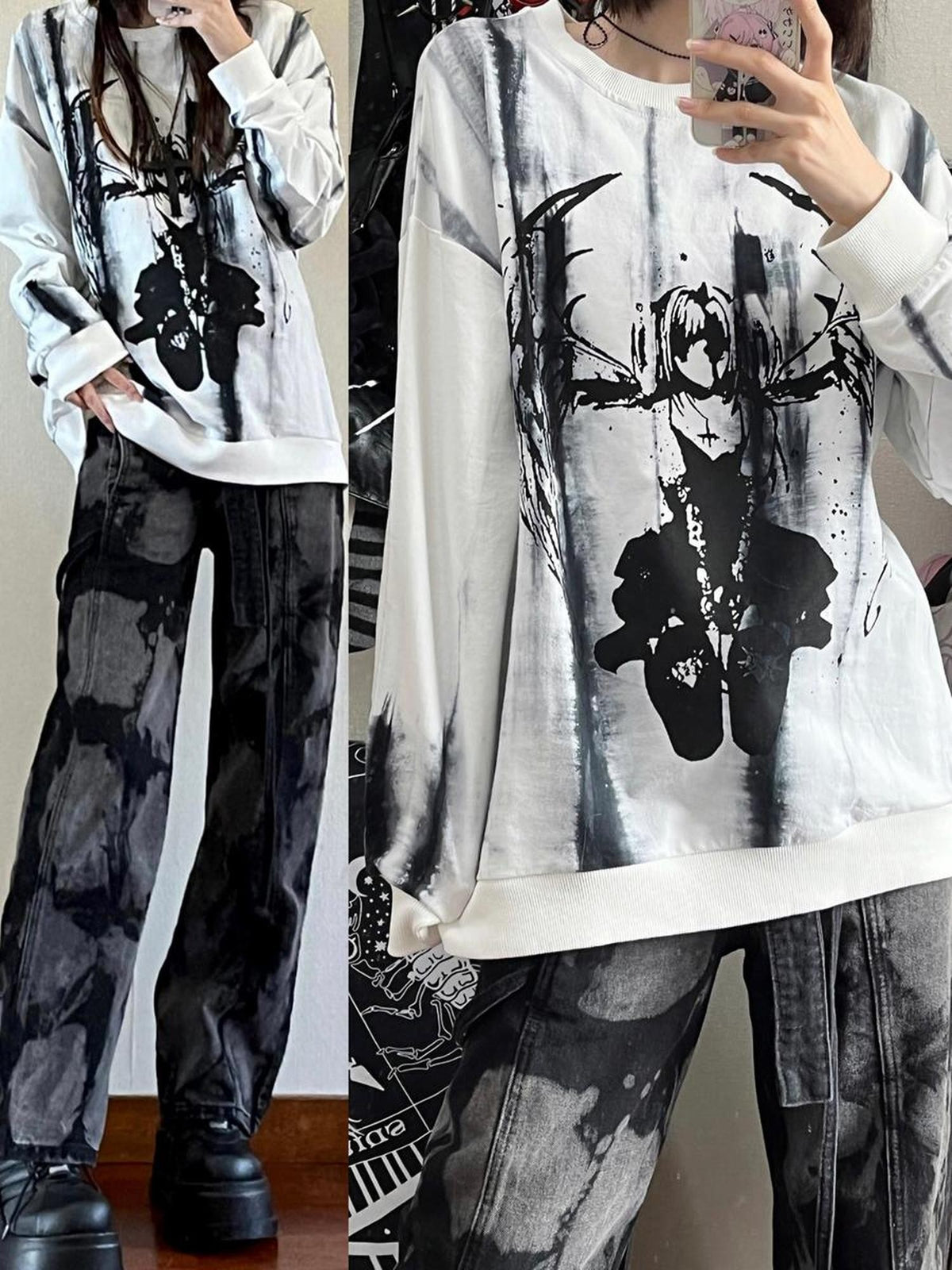 Alita26SS Cartoon Anime Print Loose Long Sleeve Women's Cotton Pullover Hoodies