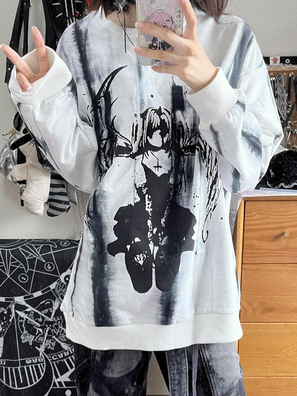Alita26SS Cartoon Anime Print Loose Long Sleeve Women's Cotton Pullover Hoodies