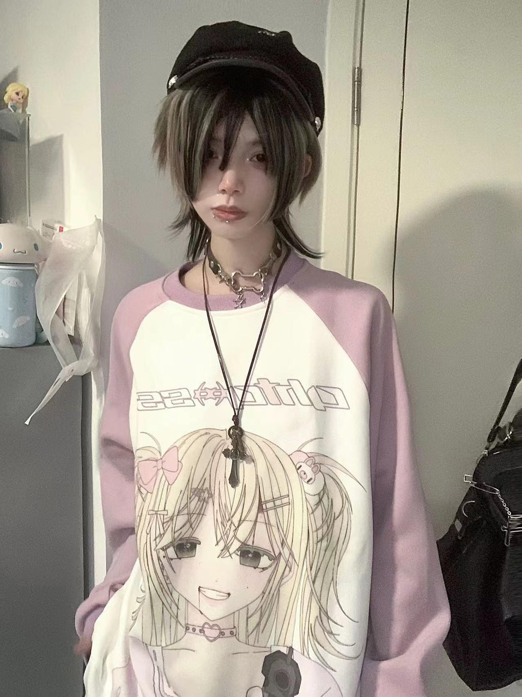Alita26SS Cartoon Anime Print Loose Raglan Sleeve Round Neck Women's Cotton Sweatshirts