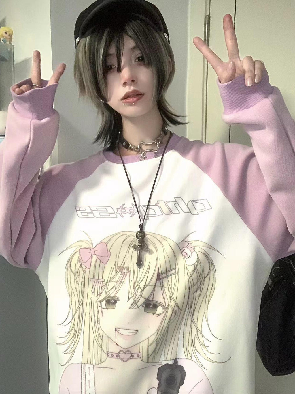 Alita26SS Cartoon Anime Print Loose Raglan Sleeve Round Neck Women's Cotton Sweatshirts