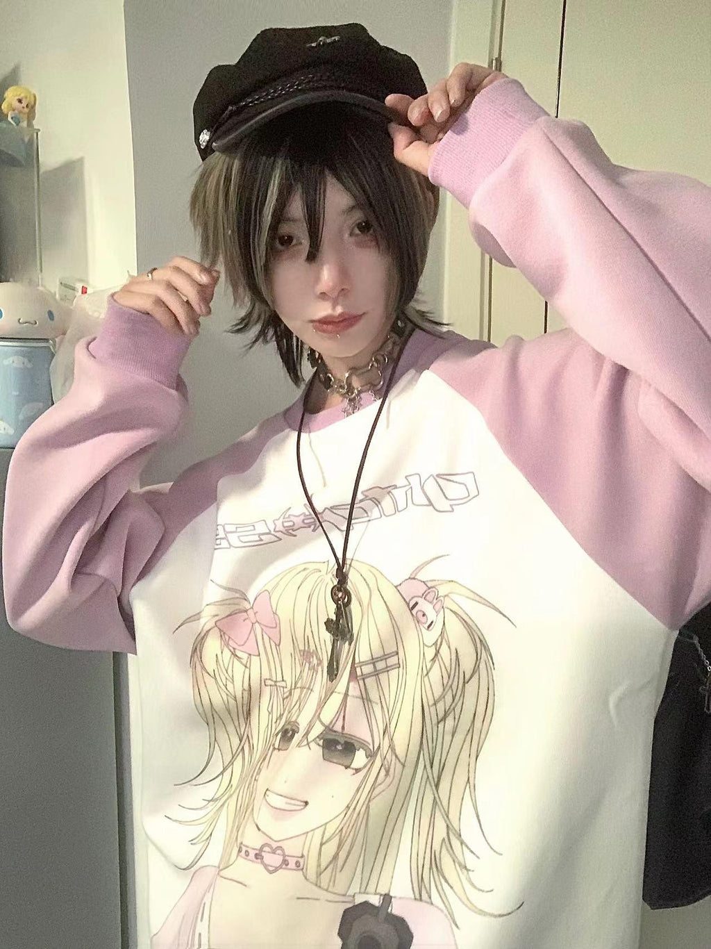 Alita26SS Cartoon Anime Print Loose Raglan Sleeve Round Neck Women's Cotton Sweatshirts