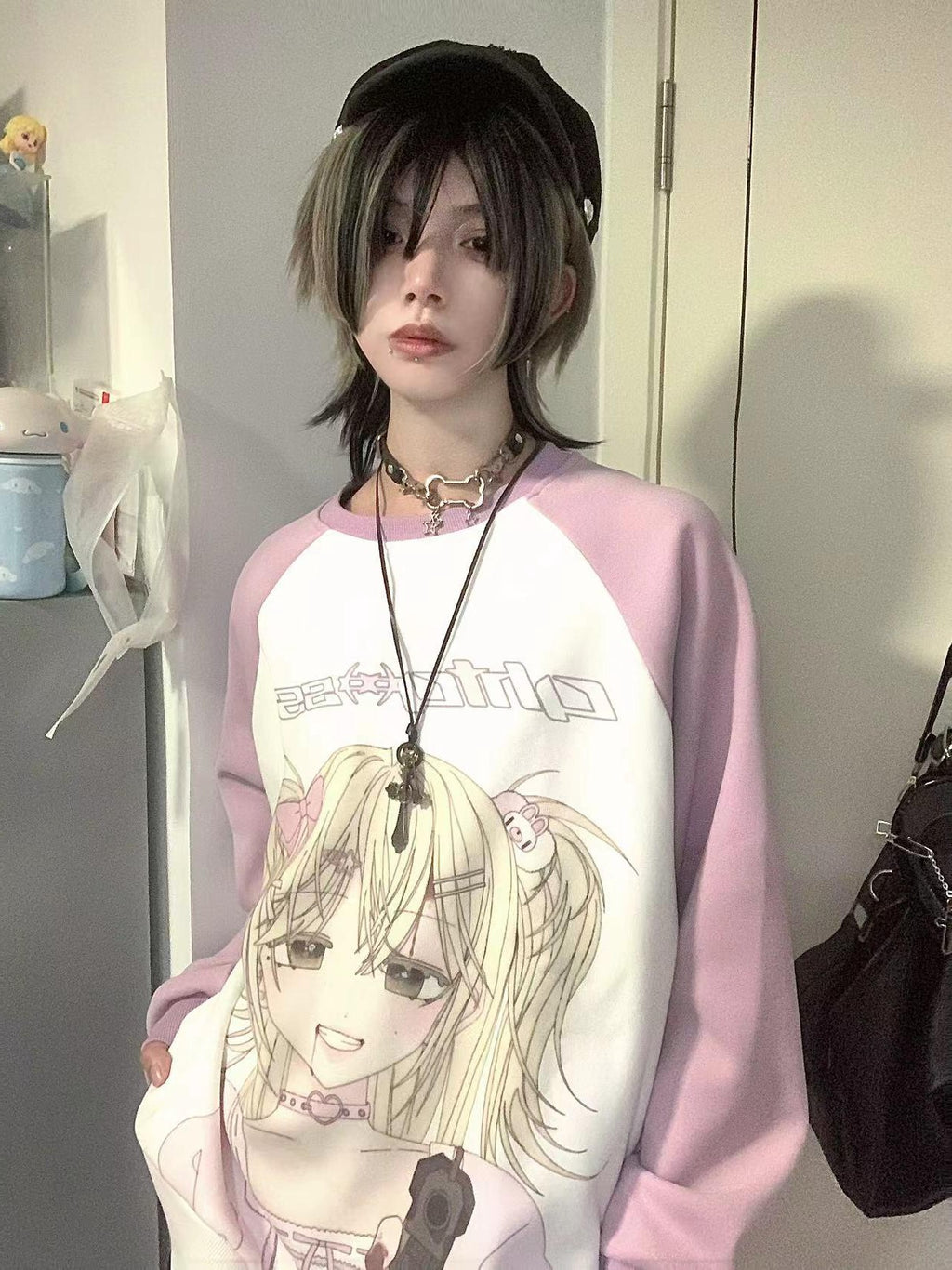 Alita26SS Cartoon Anime Print Loose Raglan Sleeve Round Neck Women's Cotton Sweatshirts