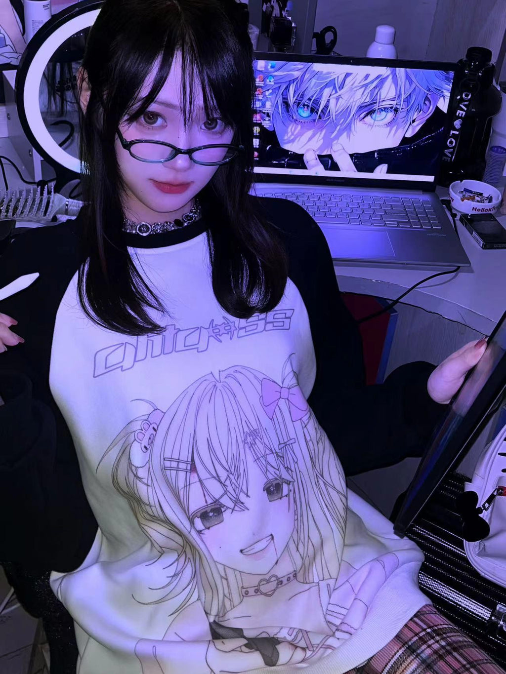 Alita26SS Cartoon Anime Print Loose Raglan Sleeve Round Neck Women's Cotton Sweatshirts