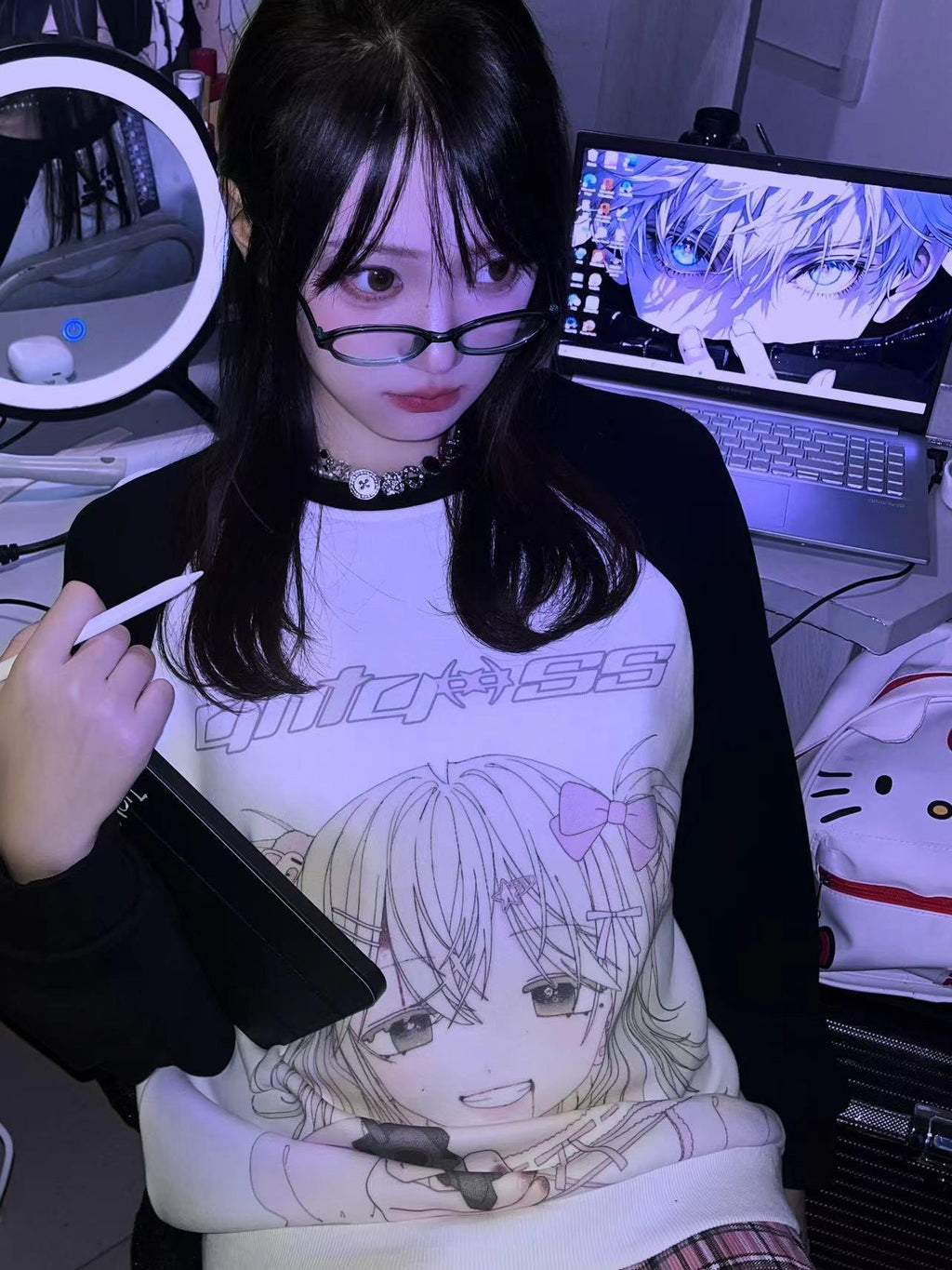 Alita26SS Cartoon Anime Print Loose Raglan Sleeve Round Neck Women's Cotton Sweatshirts