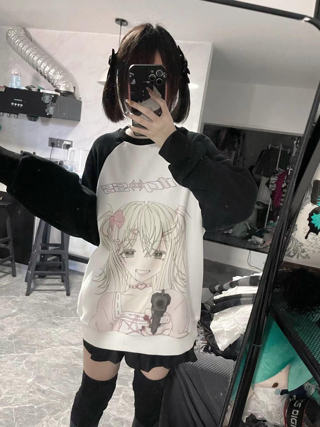 Alita26SS Cartoon Anime Print Loose Raglan Sleeve Round Neck Women's Cotton Sweatshirts