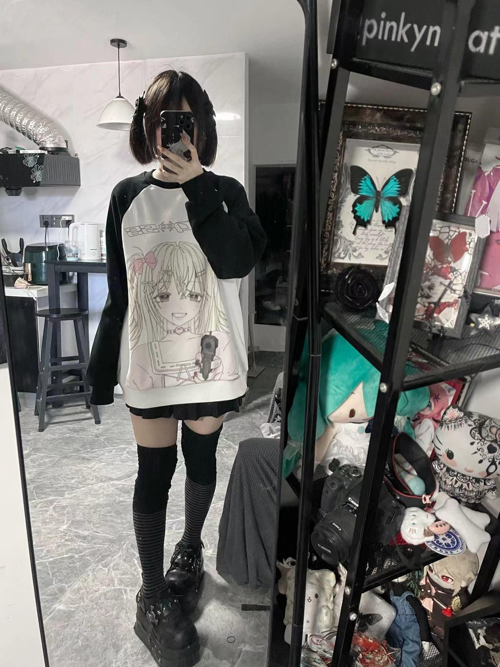 Alita26SS Cartoon Anime Print Loose Raglan Sleeve Round Neck Women's Cotton Sweatshirts