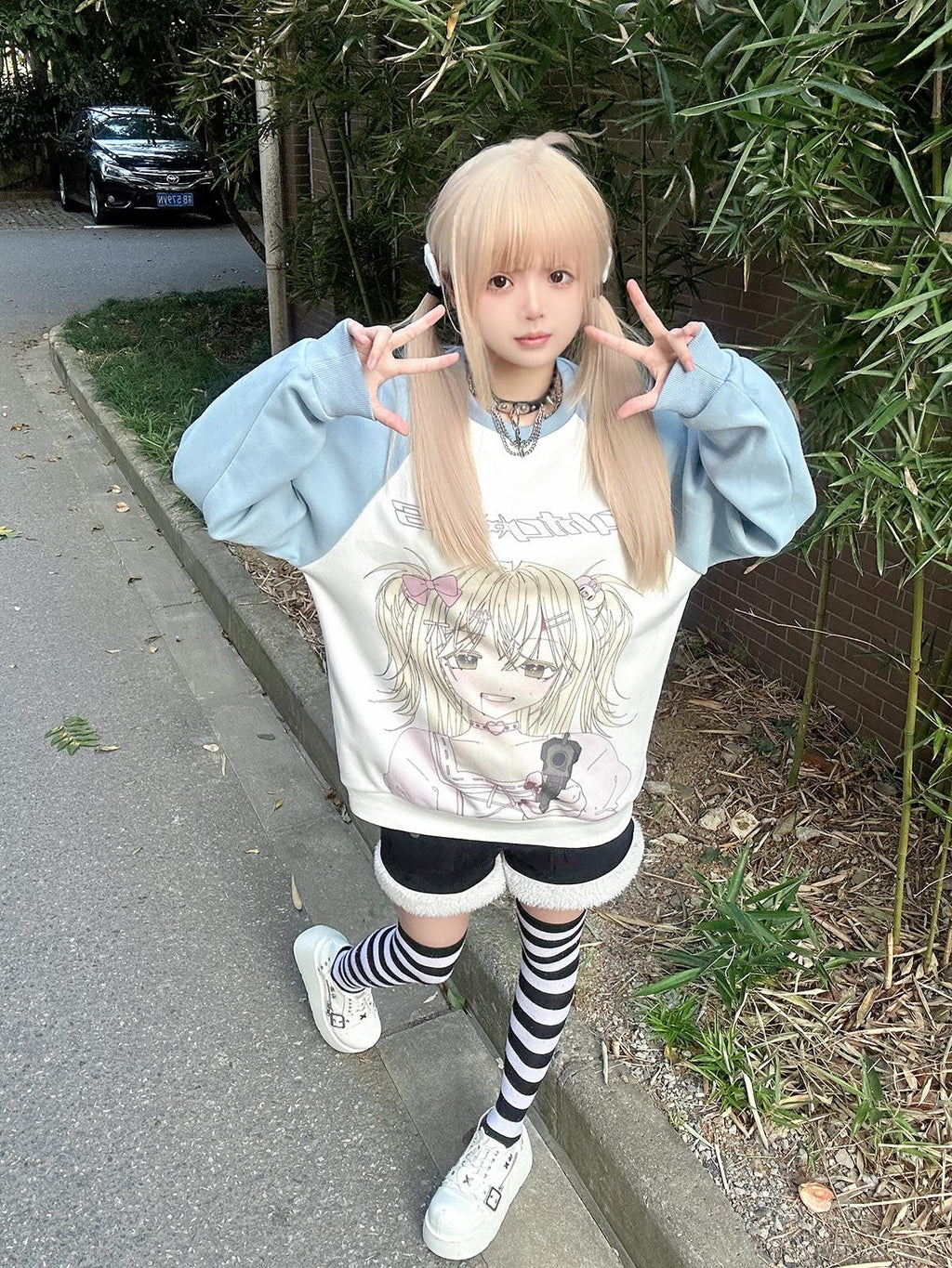 Alita26SS Cartoon Anime Print Loose Raglan Sleeve Round Neck Women's Cotton Sweatshirts