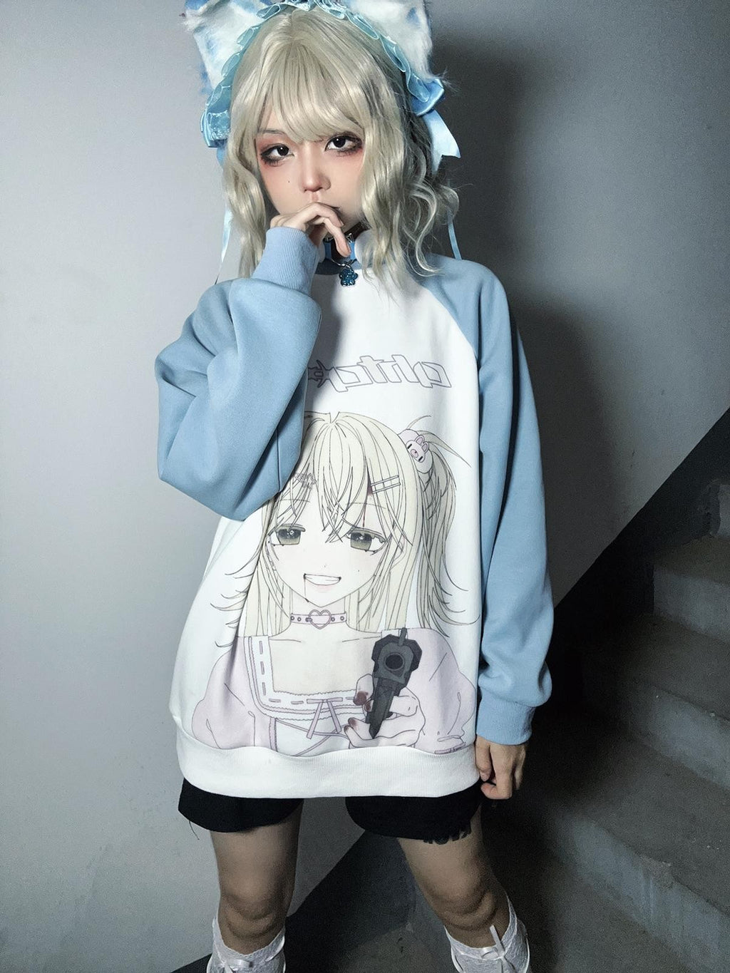 Alita26SS Cartoon Anime Print Loose Raglan Sleeve Round Neck Women's Cotton Sweatshirts