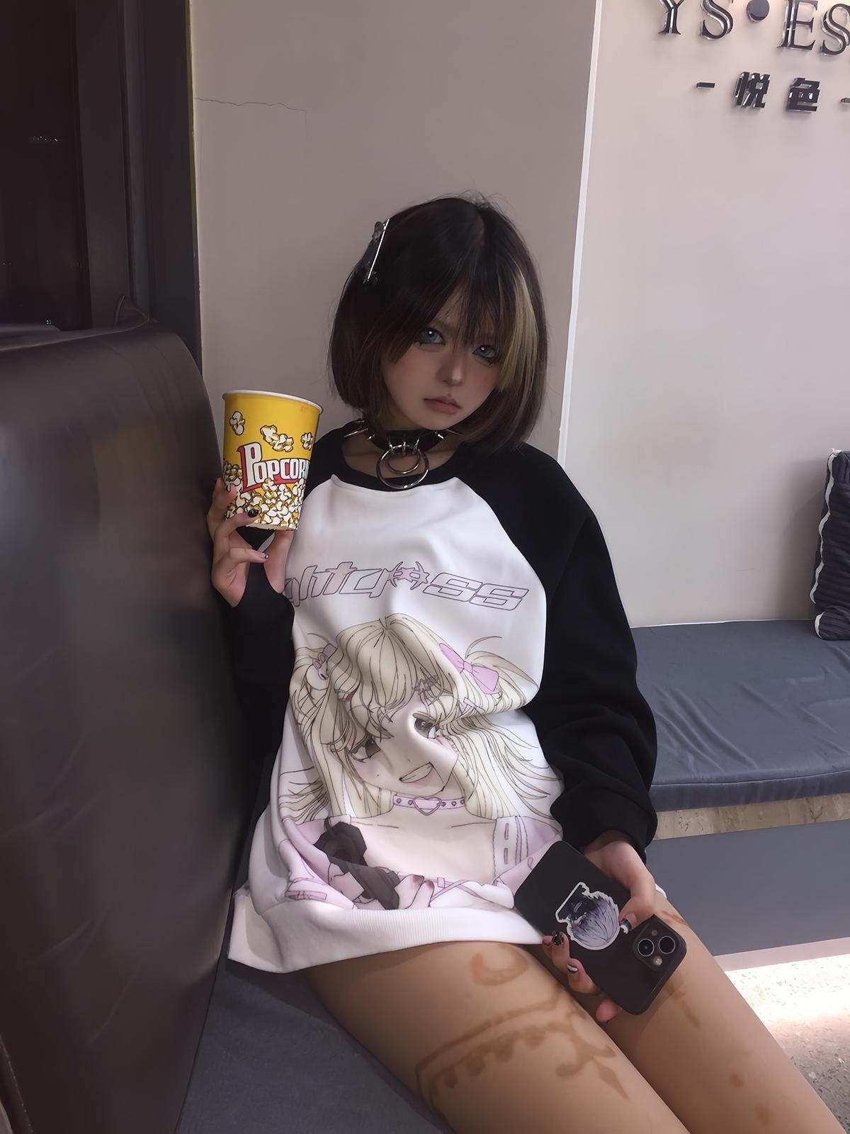Alita26SS Cartoon Anime Print Loose Raglan Sleeve Round Neck Women's Cotton Sweatshirts