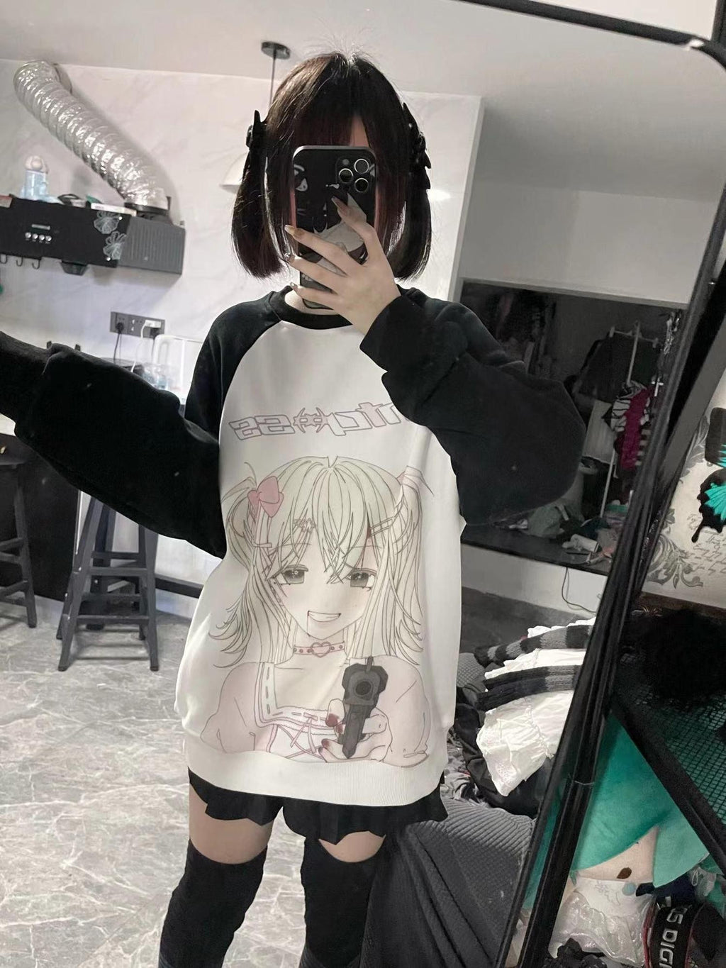 Alita26SS Cartoon Anime Print Loose Raglan Sleeve Round Neck Women's Cotton Sweatshirts