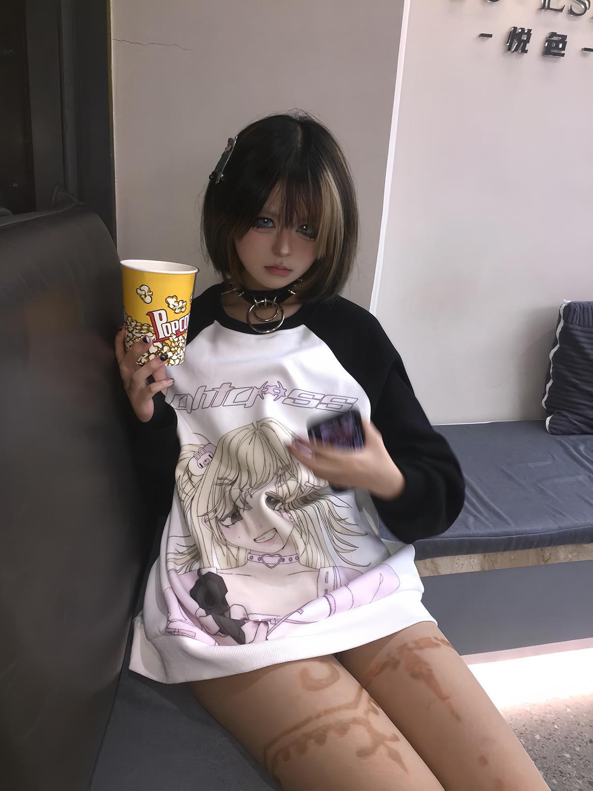 Alita26SS Cartoon Anime Print Loose Raglan Sleeve Round Neck Women's Cotton Sweatshirts