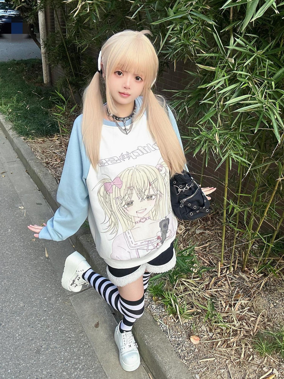 Alita26SS Cartoon Anime Print Loose Raglan Sleeve Round Neck Women's Cotton Sweatshirts