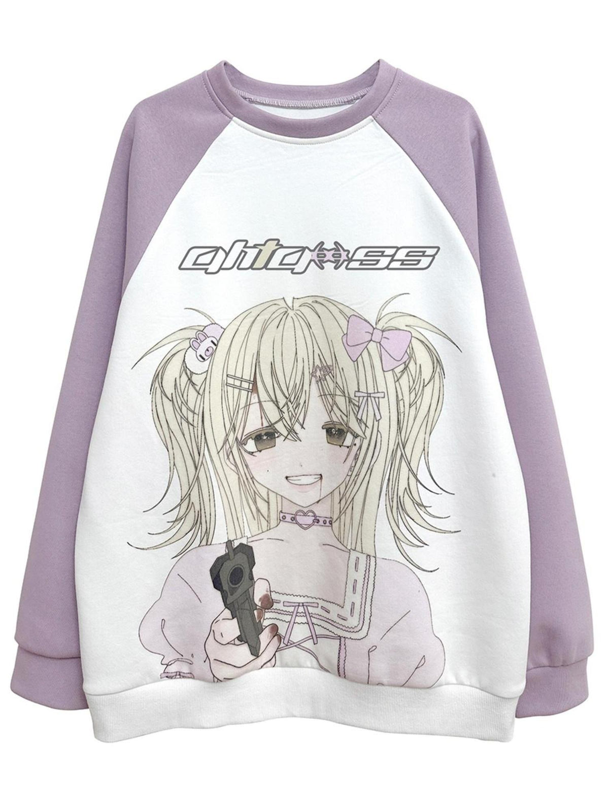 Alita26SS Cartoon Anime Print Loose Raglan Sleeve Round Neck Women's Cotton Sweatshirts