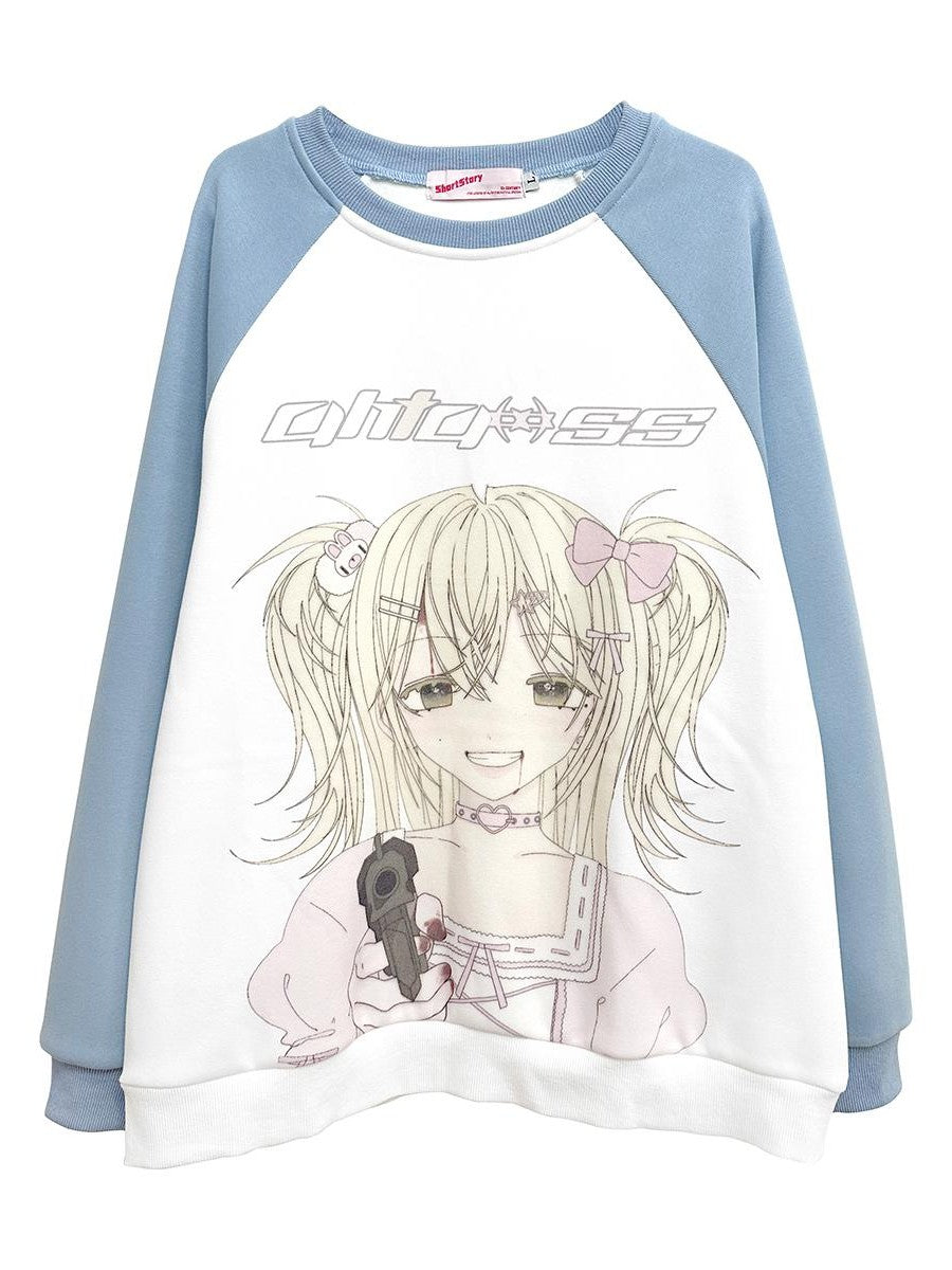 Alita26SS Cartoon Anime Print Loose Raglan Sleeve Round Neck Women's Cotton Sweatshirts