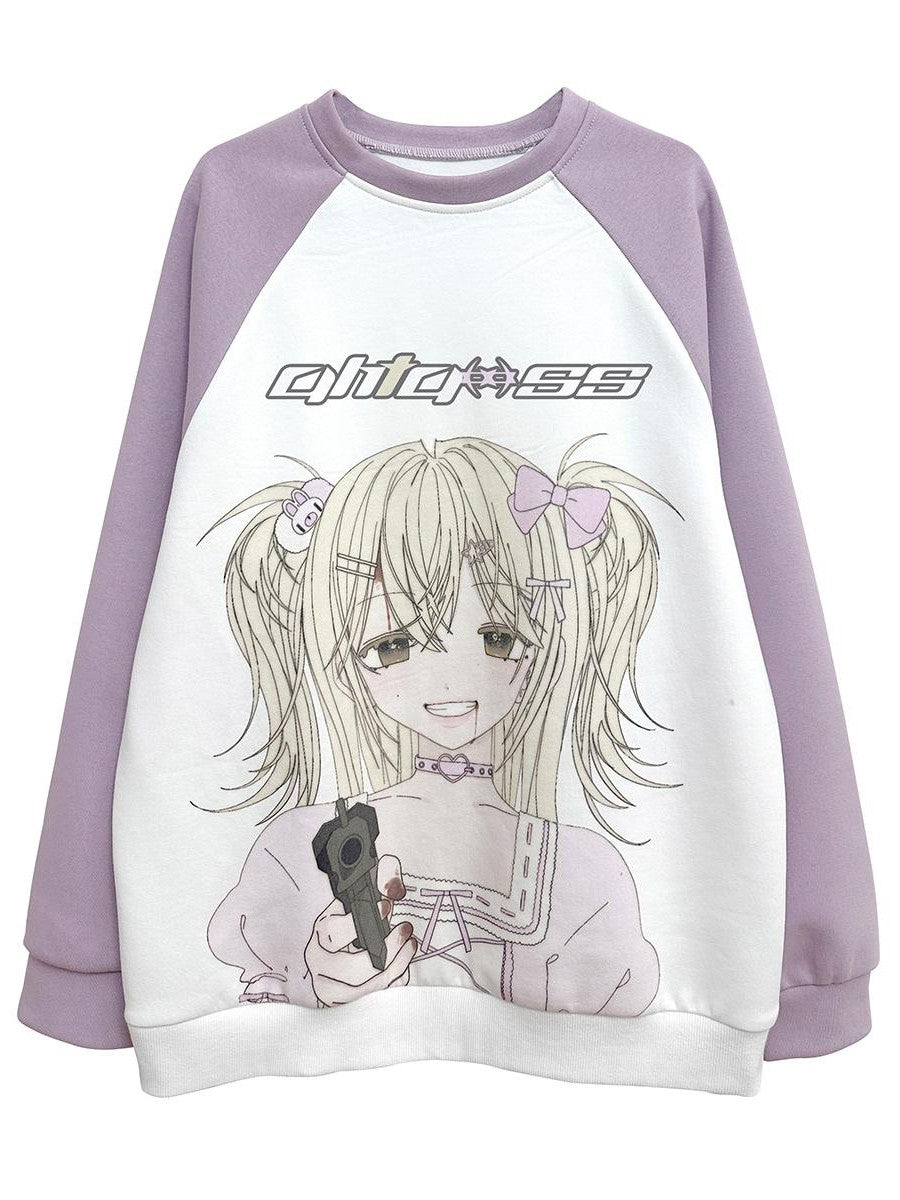 Alita26SS Cartoon Anime Print Loose Raglan Sleeve Round Neck Women's Cotton Sweatshirts