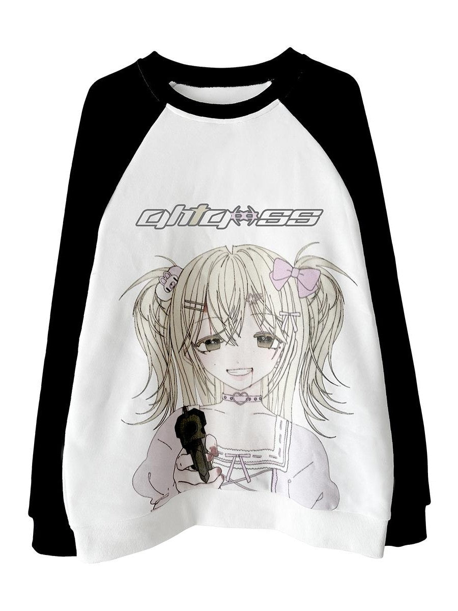 Alita26SS Cartoon Anime Print Loose Raglan Sleeve Round Neck Women's Cotton Sweatshirts