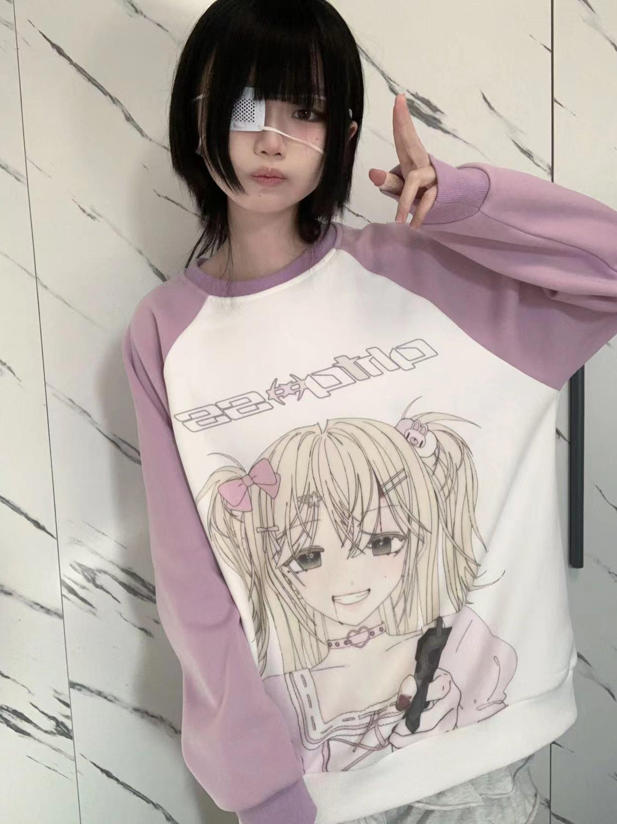 Alita26SS Cartoon Anime Print Loose Raglan Sleeve Round Neck Women's Cotton Sweatshirts