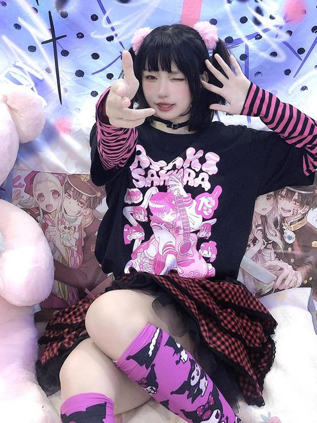 Alita26SS Cartoon Anime Print Striped Faux Two Piece Cotton Women's Long Sleeve T-shirts