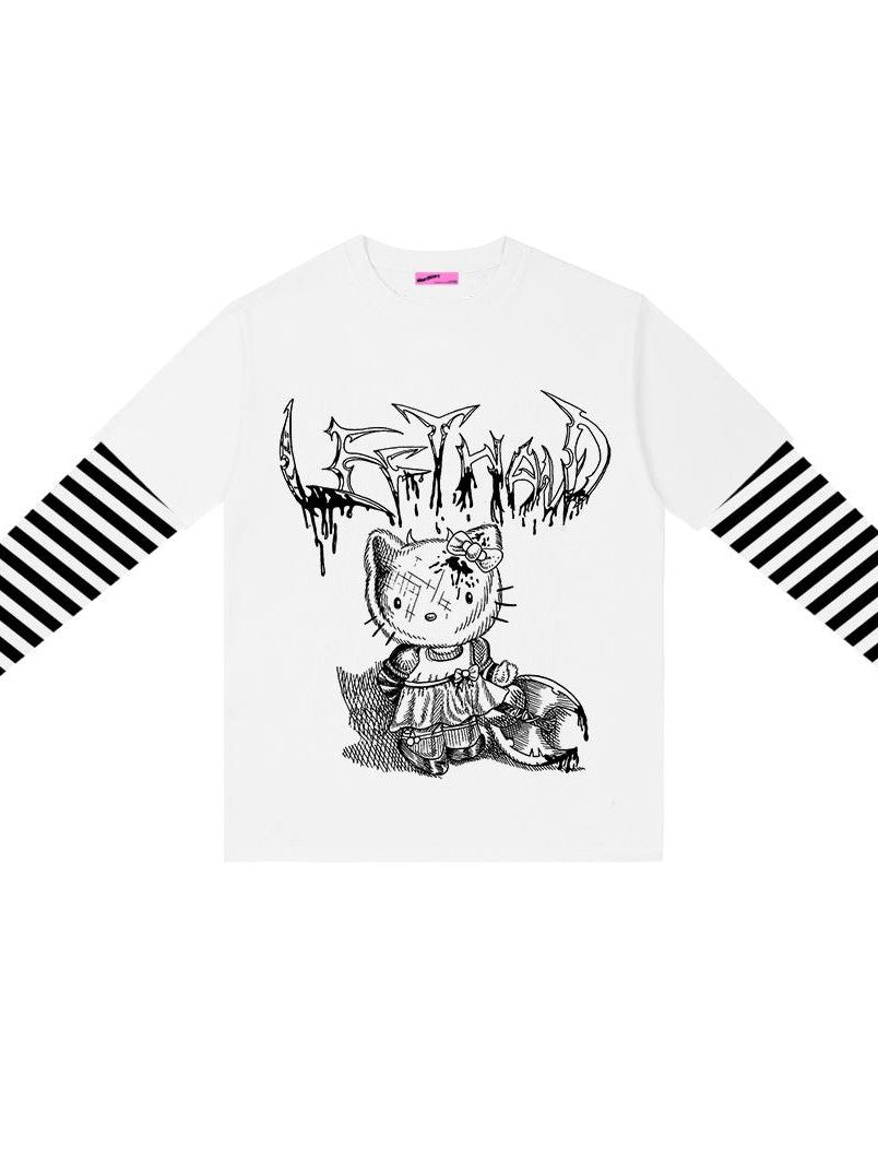 Alita26SS Cartoon Anime Print Striped Faux Two Piece Cotton Women's Long Sleeve T-shirts