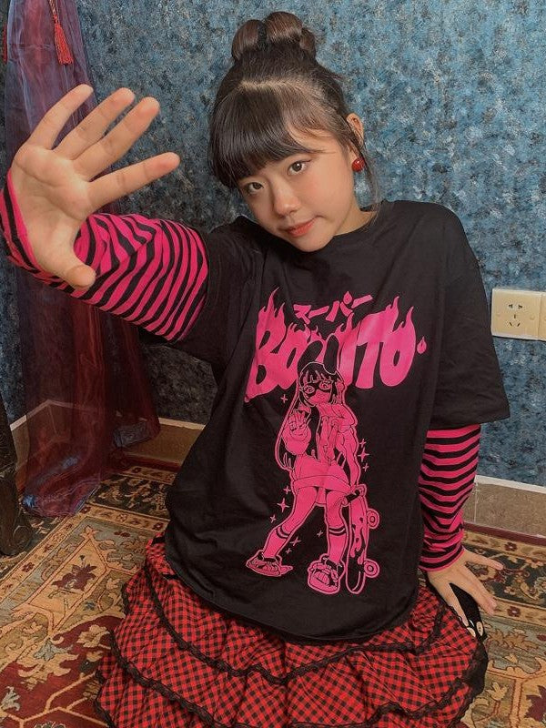 Alita26SS Cartoon Anime Print Striped Faux Two Piece Cotton Women's Long Sleeve T-shirts