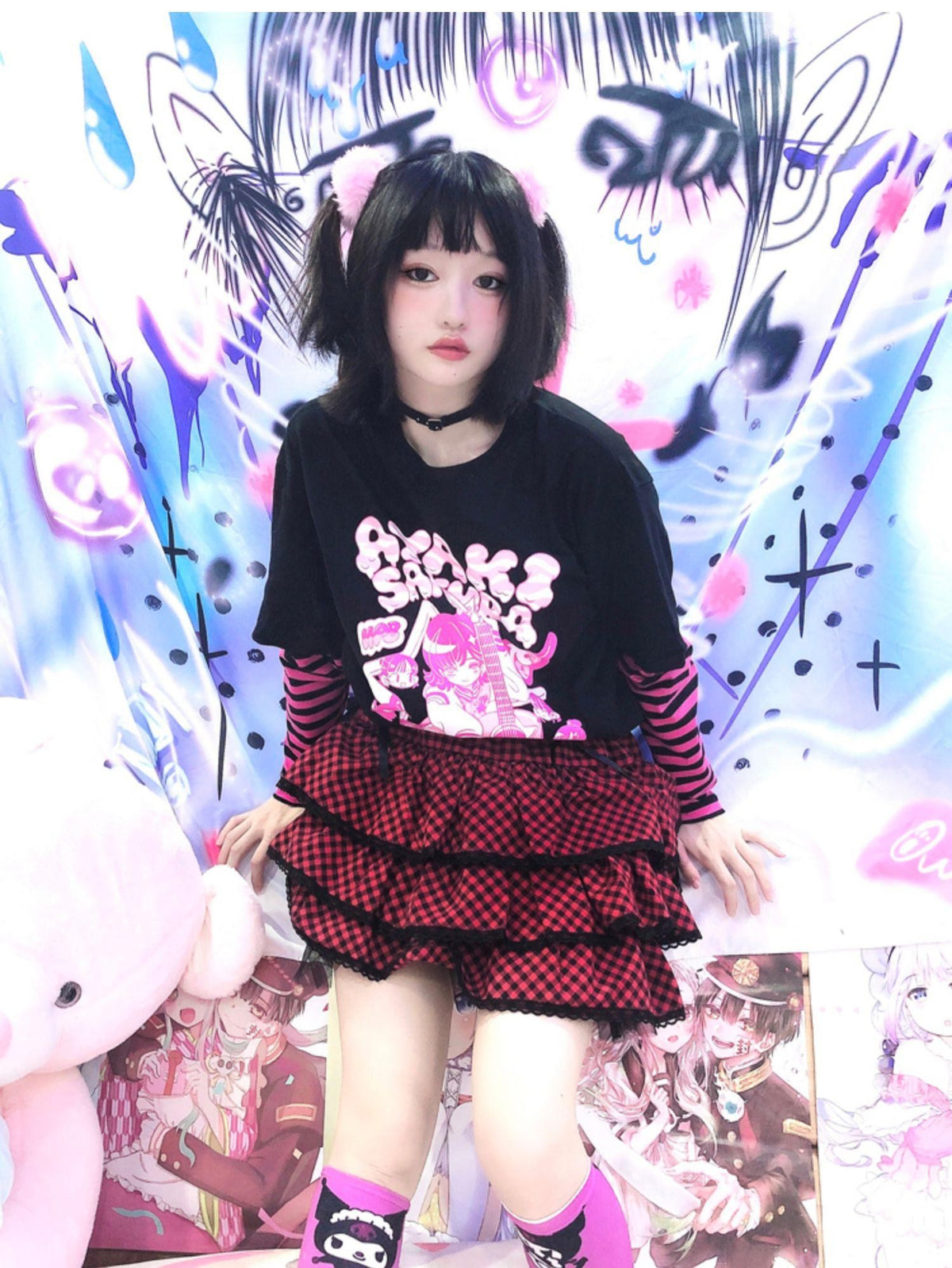 Alita26SS Cartoon Anime Print Striped Faux Two Piece Cotton Women's Long Sleeve T-shirts