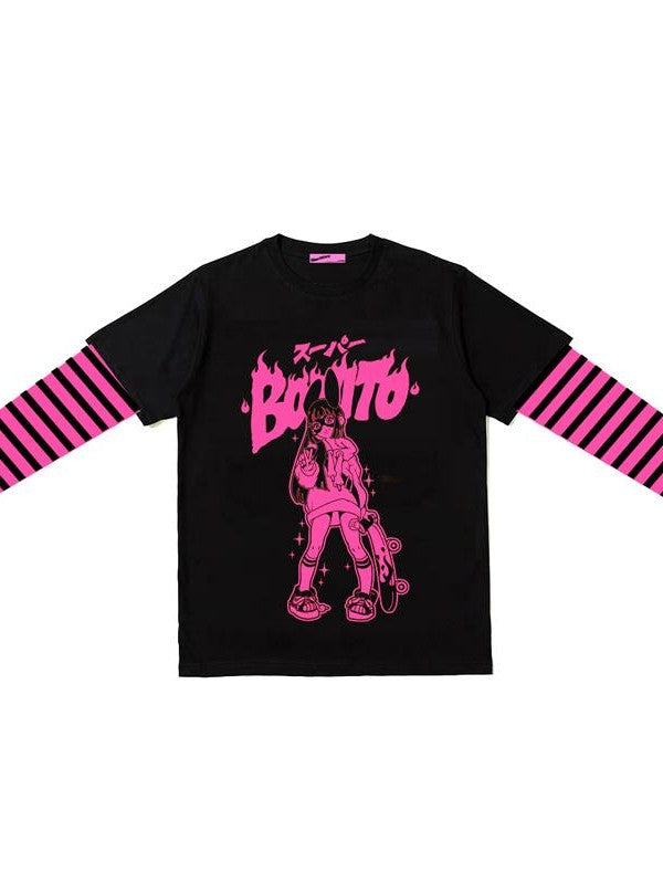 Alita26SS Cartoon Anime Print Striped Faux Two Piece Cotton Women's Long Sleeve T-shirts