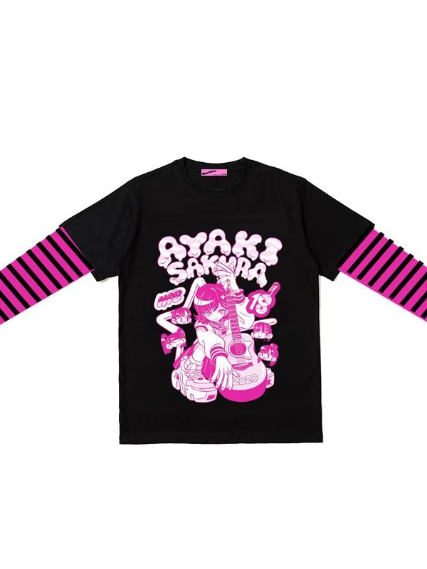 Alita26SS Cartoon Anime Print Striped Faux Two Piece Cotton Women's Long Sleeve T-shirts