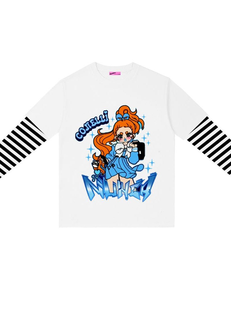 Alita26SS Cartoon Anime Print Striped Faux Two Piece Cotton Women's Long Sleeve T-shirts