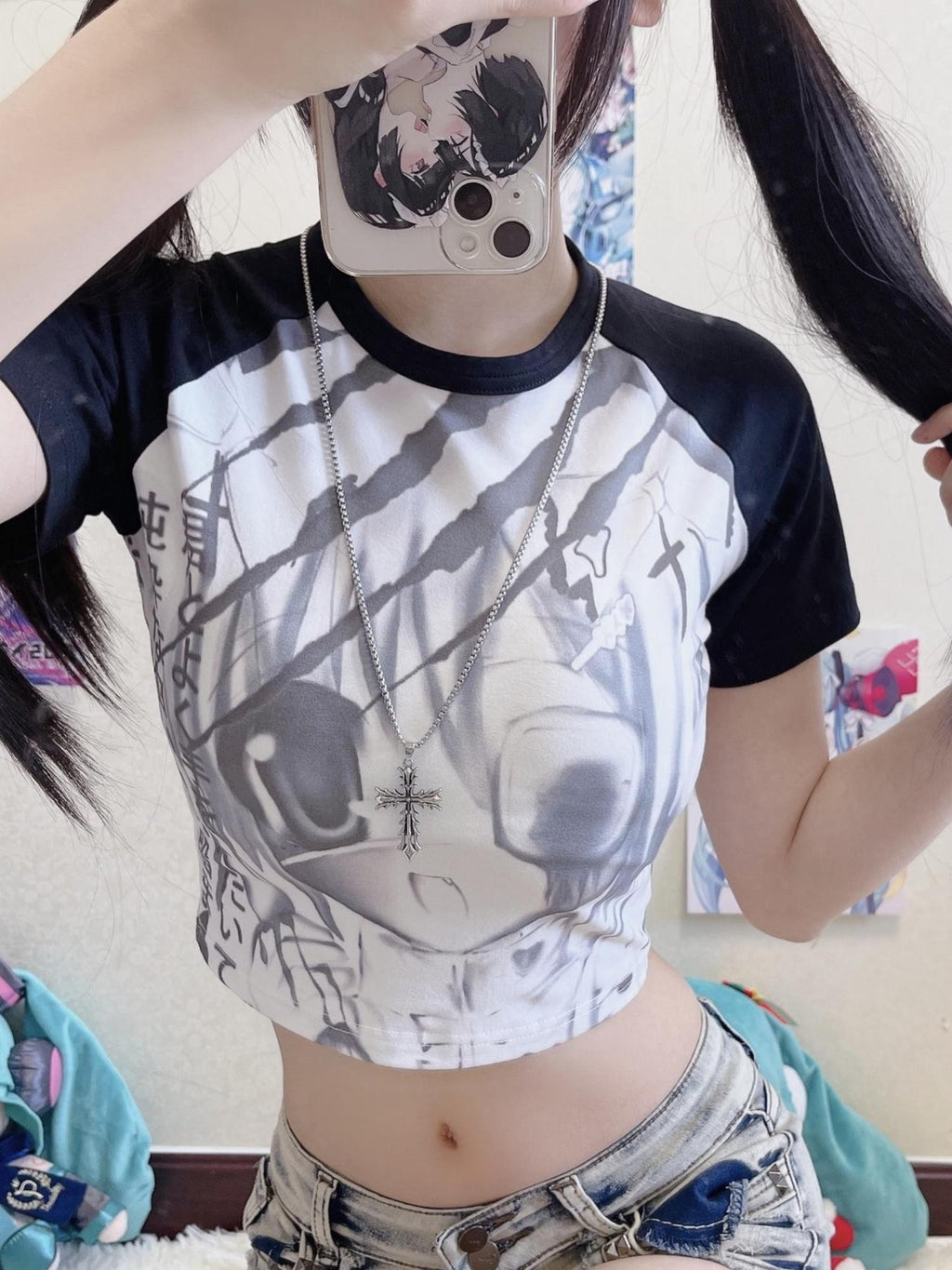 Alita26SS Cartoon Anime Print Y2k Slim Fit Women's Cotton Crop Tops