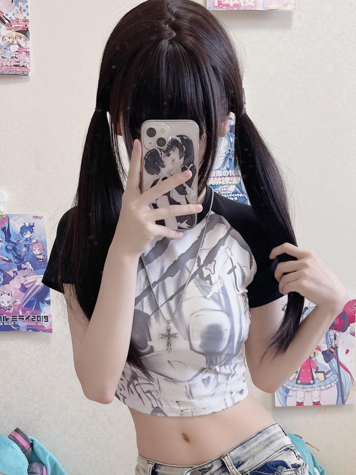 Alita26SS Cartoon Anime Print Y2k Slim Fit Women's Cotton Crop Tops