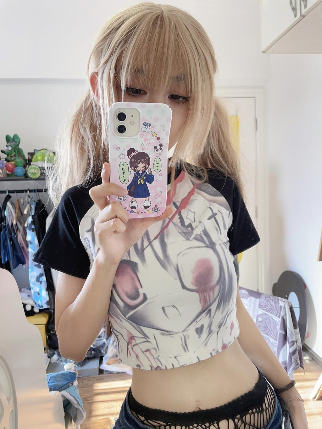 Alita26SS Cartoon Anime Print Y2k Slim Fit Women's Cotton Crop Tops
