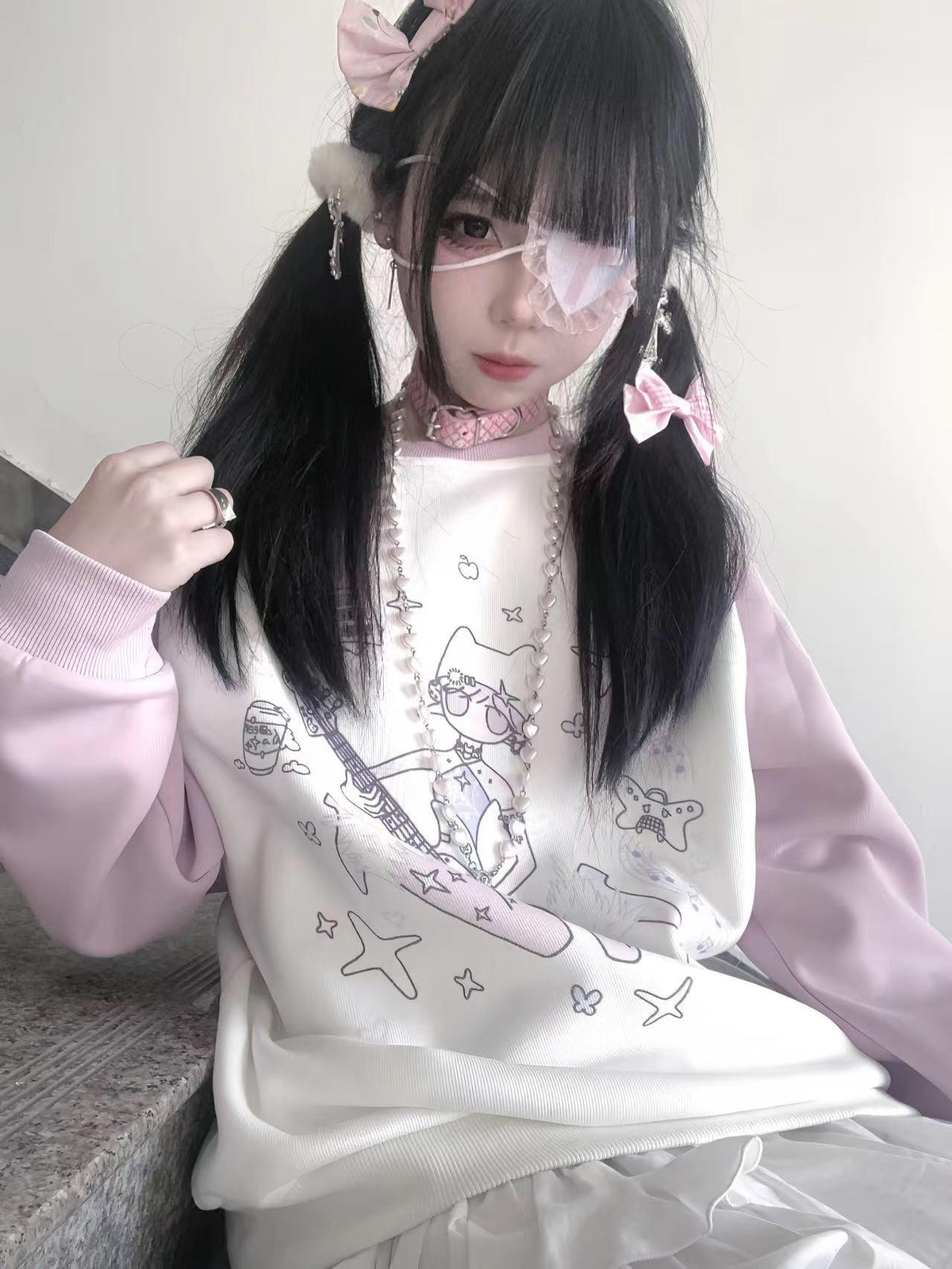Alita26SS Cartoon Anime Water Paste Print Loose Raglan Sleeve Women's Cotton Sweatshirts
