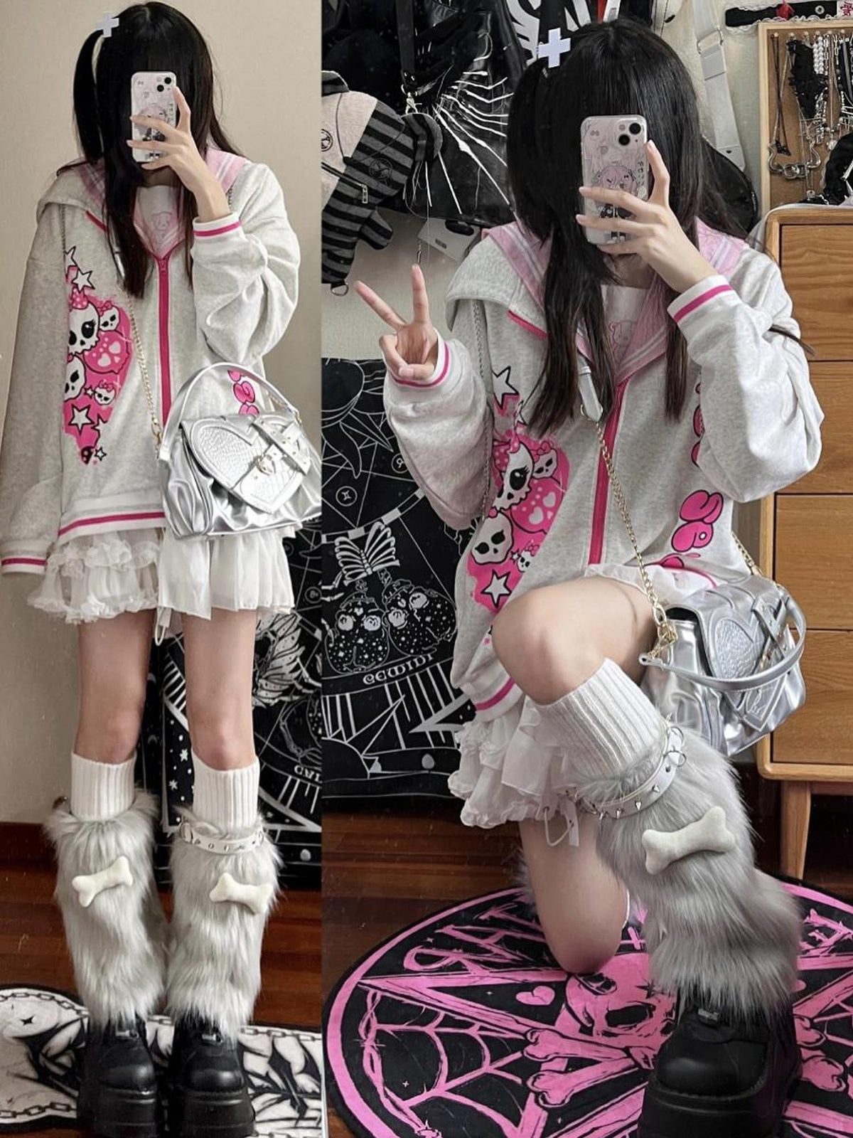 Alita26SS Cartoon Print Loose Fit Fleece Women's Cotton Zip-up Hoodies