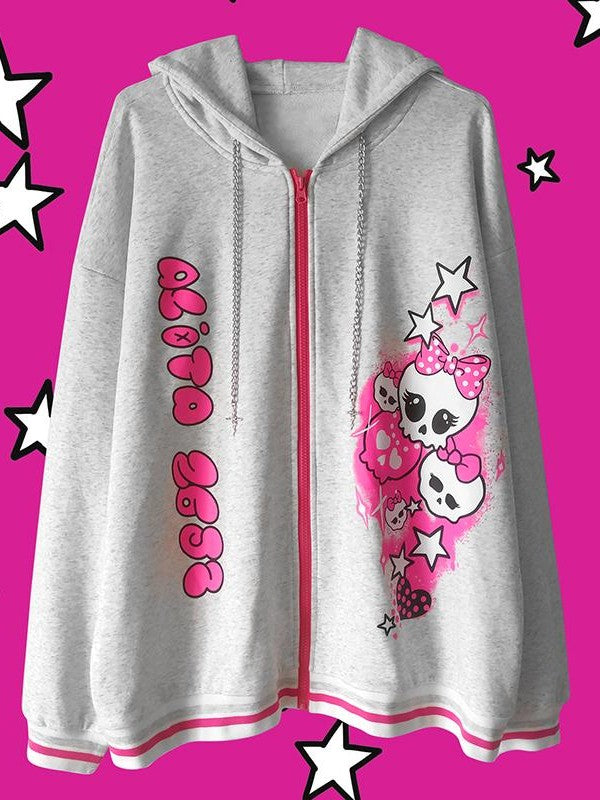 Alita26SS Cartoon Print Loose Fit Fleece Women's Cotton Zip-up Hoodies